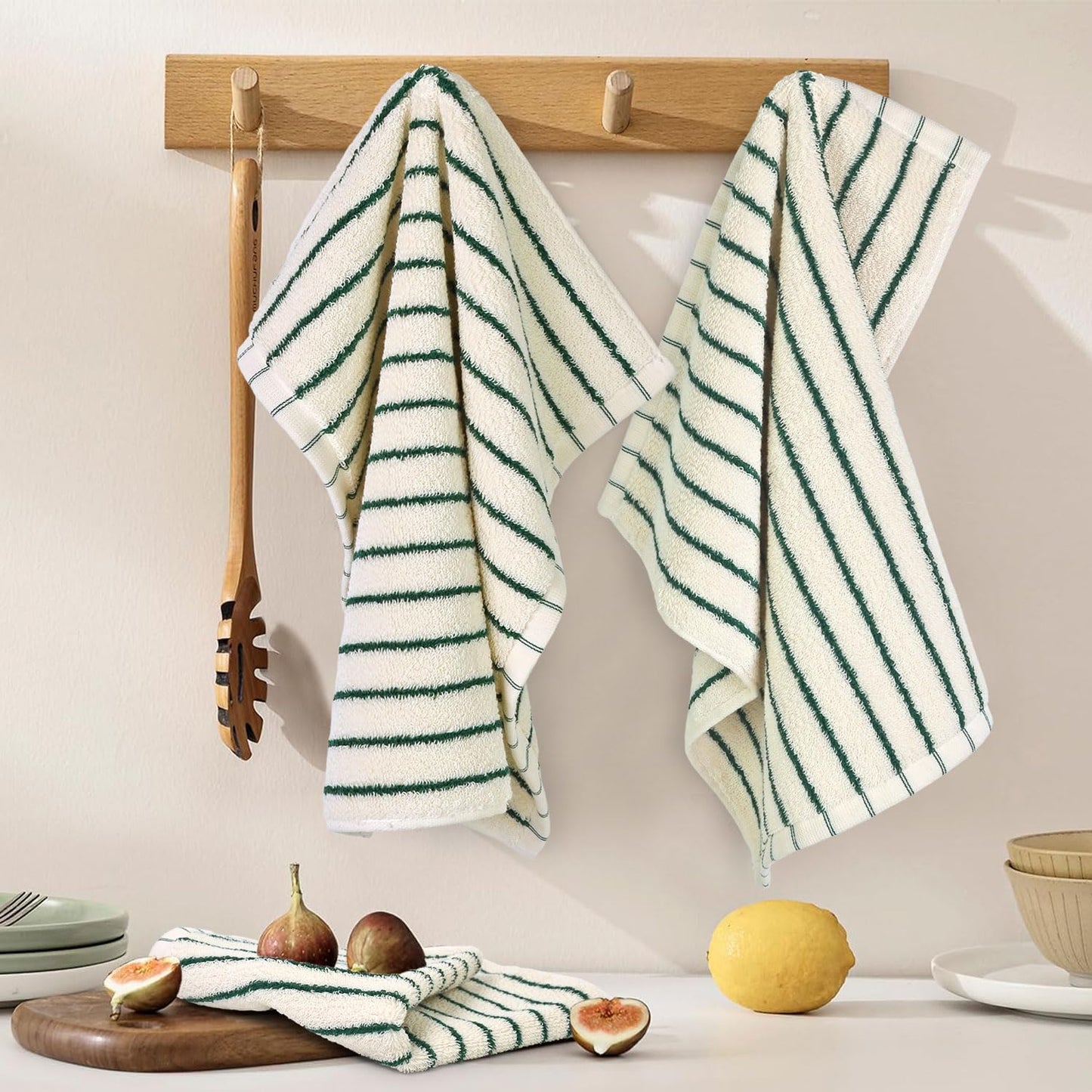 Jacquotha Striped Cotton Washcloths 12 Pack, 13” x 13” - Soft Wash Cloths for Bathroom, Kitchen, Gym, Face, Green and Cream