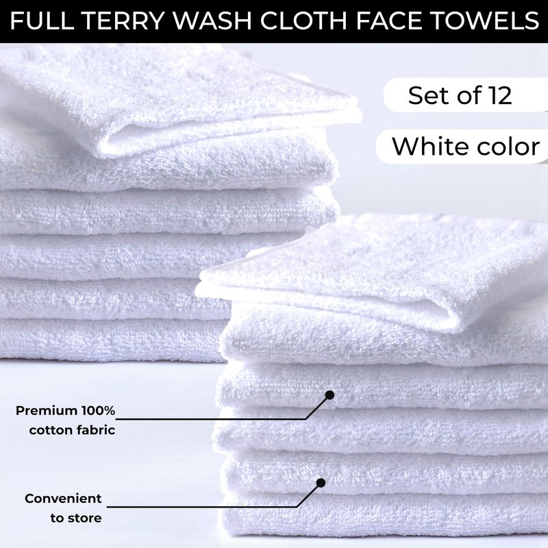 LIVINATI White 100% Cotton Wash Cloths for Showering Body and Face - 12"X12" 12 Pack Washcloths - Small Terry Towel Bath Rags for Adults and Kids Bathroom - Soft Absorbent
