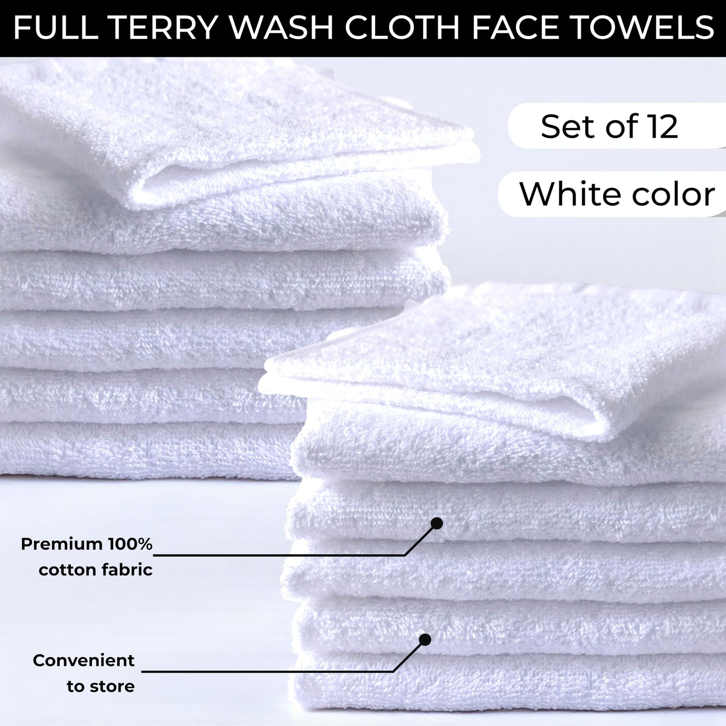 LIVINATI White 100% Cotton Wash Cloths for Showering Body and Face - 12"X12" 12 Pack Washcloths - Small Terry Towel Bath Rags for Adults and Kids Bathroom - Soft Absorbent