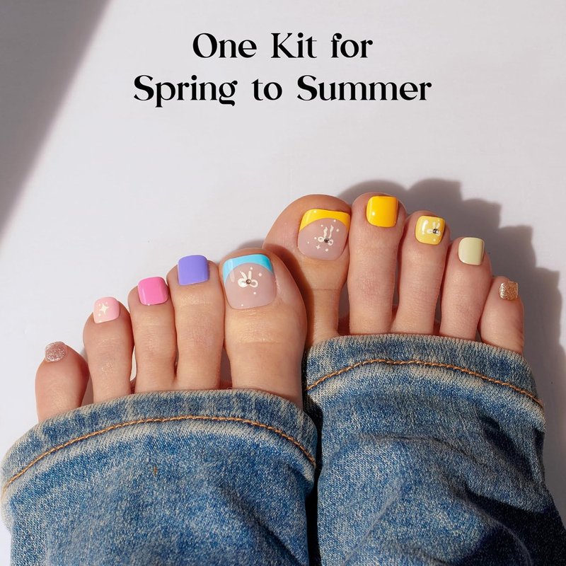 Beetles Press On Toenails Kit - 360 Pcs Short Square Glitter Nails | 12 Colors, French Glossy Finish, Includes Glue & Tabs