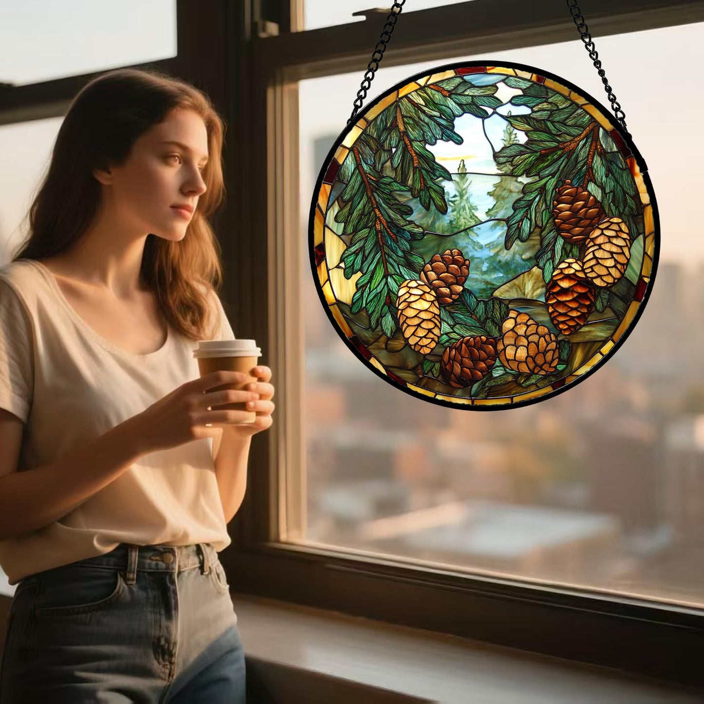 QZQCBLC Stained Glass Window Hanging Forest Pine Cone Landscape 7.8" - Green Suncatcher Door Terrace Garden Sun Catcher Home Decor Birthday Christmas for Mom Men Woman Wife