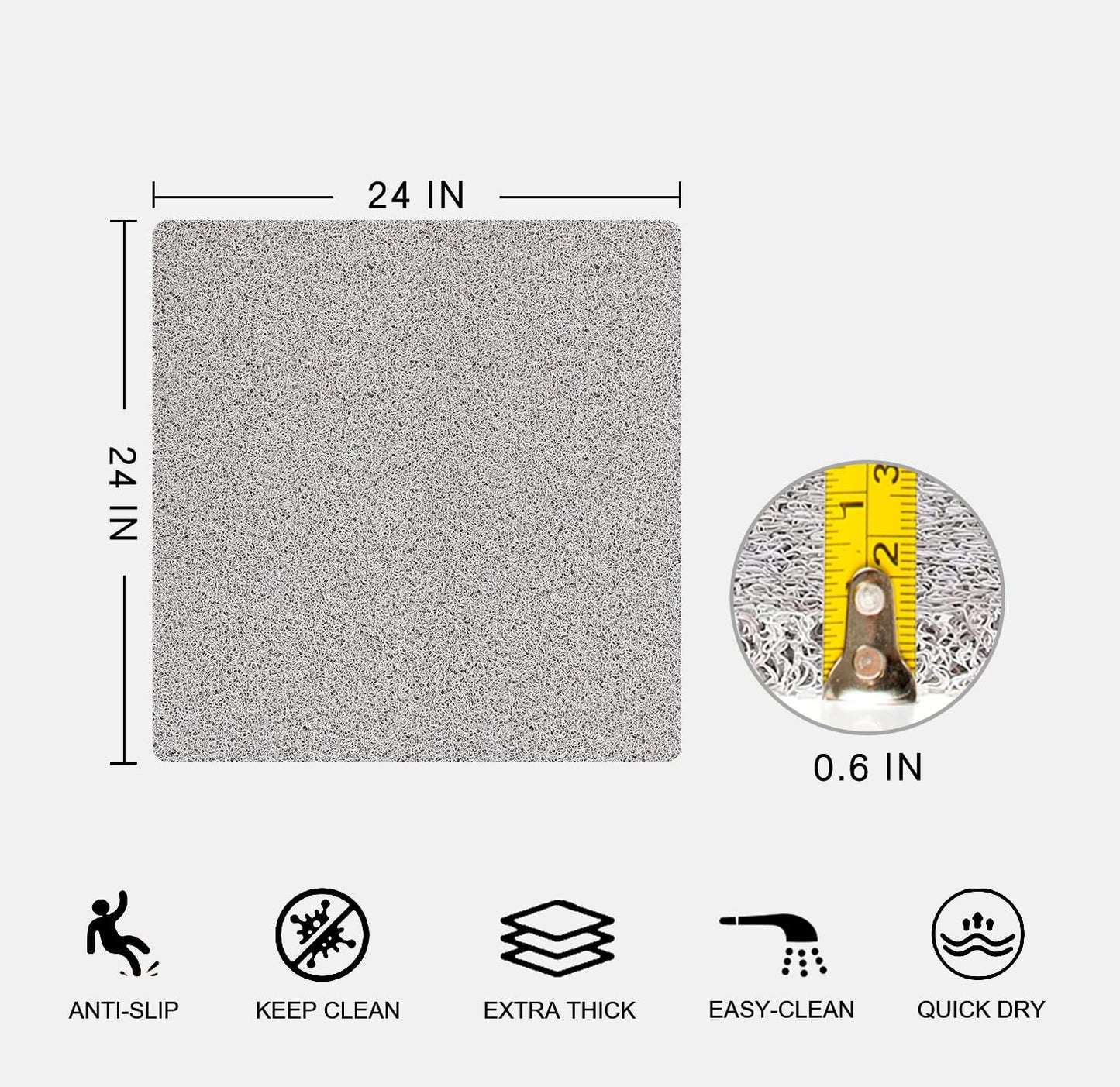 Nonslip Bathtub Mat, Anti Slip Bath Mat 0.6" Extra Thick, Quick Dry Bath Tub Anti Slip Shower Mat, Loofah Non-Slip Bath Mat for Tub Bathroom Pool Kitchen Entryway Home Hotel(Light Gray 24x24)