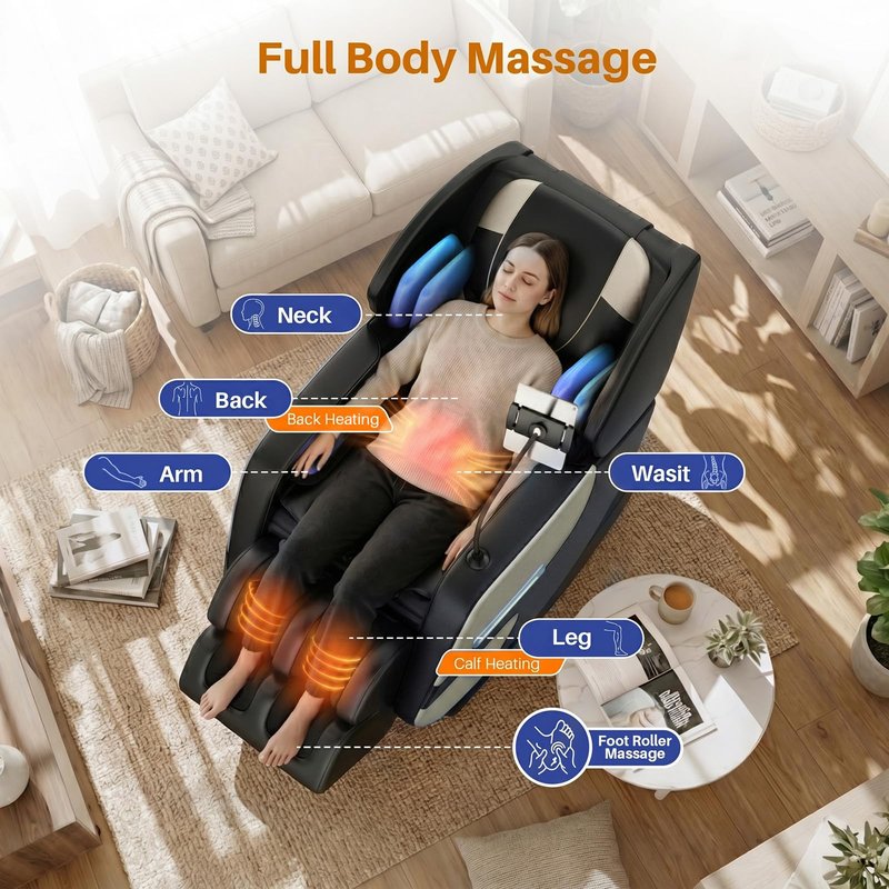ficsmate Massage Chair Full Body, Zero Gravity Recliner Massage Chair with Back Heat, 6 Fixed Rollers, Foot Massage, Airbags, Bluetooth, Ambient Light for Home and Office