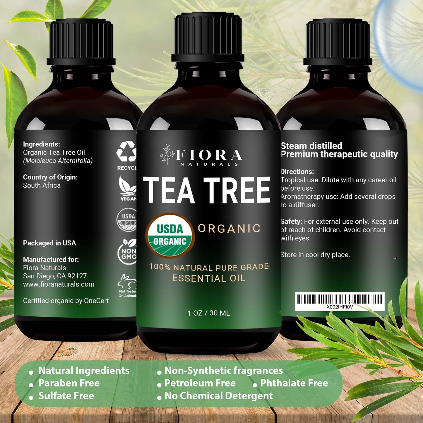 Tea Tree Oil – 100% Pure Organic Tea Tree Essential Oil for Skin, Face, Hair, Scalp, Nails, and Toenail – Therapeutic Grade Tree Tea Oil for Acne & Hair Growth – 1 fl oz - By Fiora Naturals