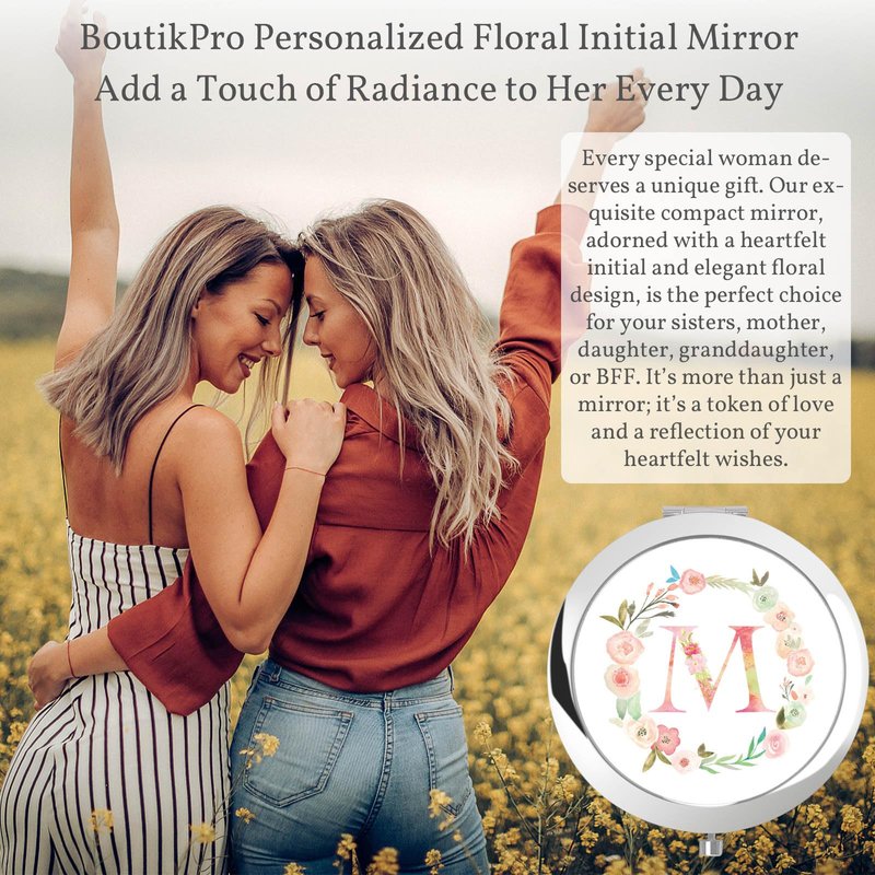 boutikpro Personalized Gift Initial Compact Mirror w Box for Women Sister Daughter Mom Wife, Floral Monogram Alphabet Silver Small Mirror Ideal Gift on Birthday, Christmas, Graduation (M, Silver)