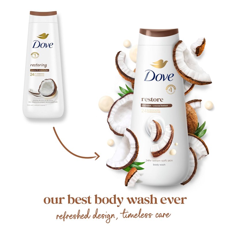Dove Body Wash Restore Coconut & Cocoa Butter for 24hr Lotion-Soft Skin Moisturizing Skin Cleanser with No Sulfates No Parabens 20 oz