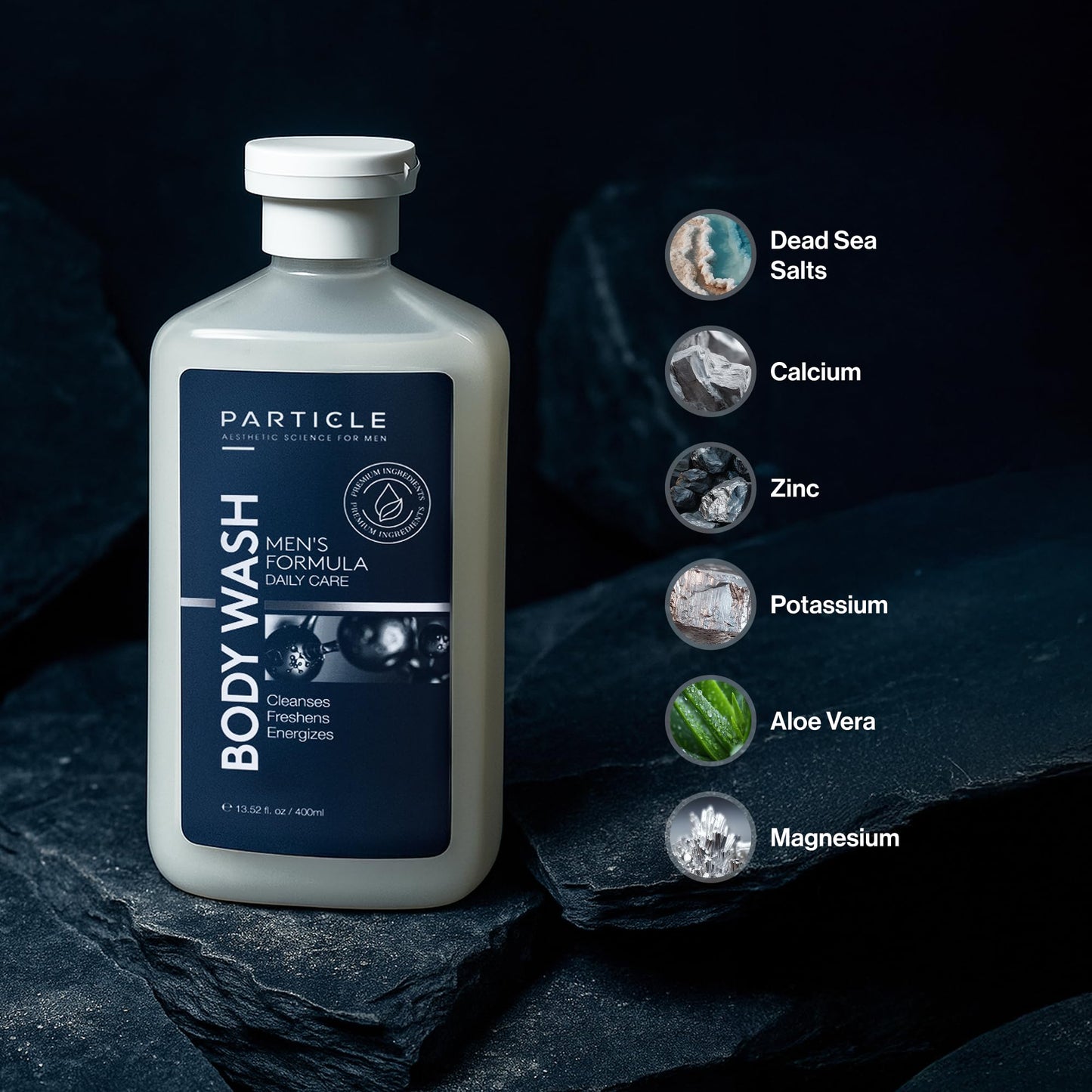 Particle Men’s Body Wash, Daily Skin Care for Men with Dead Sea Minerals, Hydrating Moisturizing Shower Gel and Cleanser for Men, All Skin Types, Fresh Citrus and Woody Scent, 13.52 FL OZ