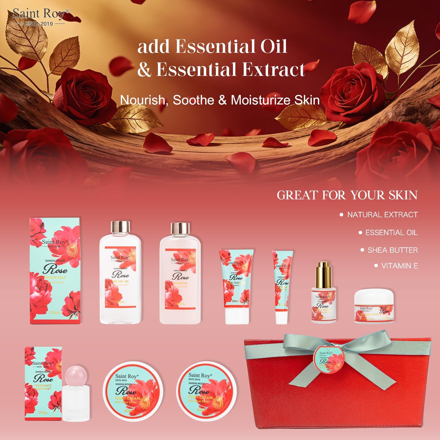 39 Pcs Sandalwood Rose Spa Gift Set, bath kit Bath and Body Spa Gift Basket for Women Necklace, Face Skin Care Kit, Self-Care Set, Lip Gloss, Birthday, Christmas, Mother, Bridal Shower, Anniversary