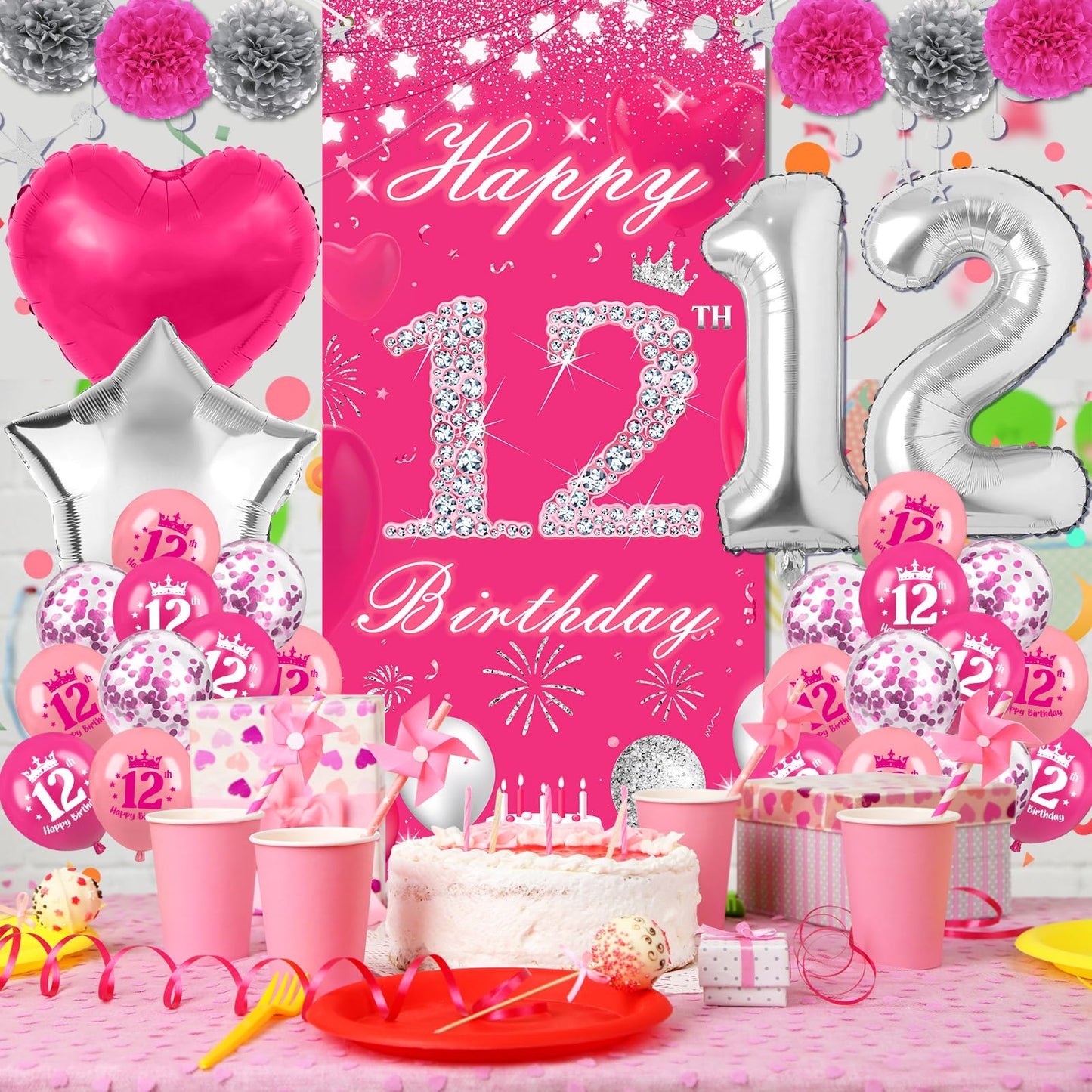 TSVATE 12th Birthday Decorations for Girls, Daughter, Pink 12 Year Old Girl Birthday Decorations, Happy 12th Birthday Banner, Backdrop, Yard, Door, Wall, Number 12 Balloon, Pompoms, Star Garland
