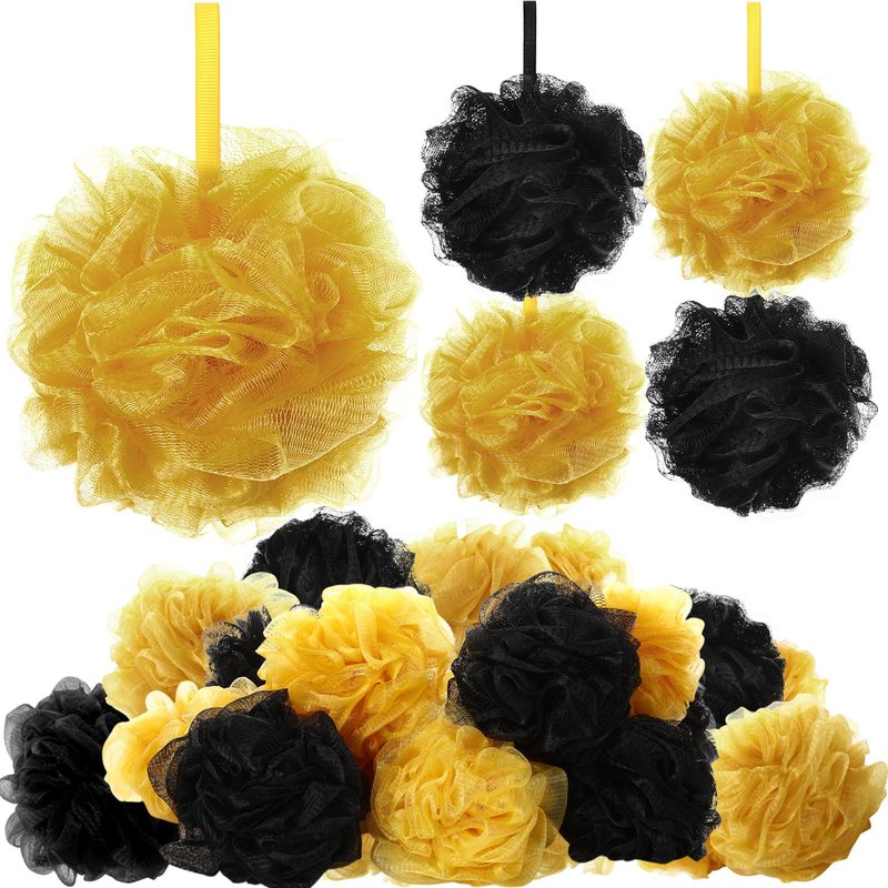FuWeave 12 Pcs Christmas Bath Loofah Sponge Red Green Loofah Exfoliating Body Scrubber Shower Sponge 50g Mesh Shower Pouf Balls Gift Set for Women Men Bathing Accessories(Gold and Black)