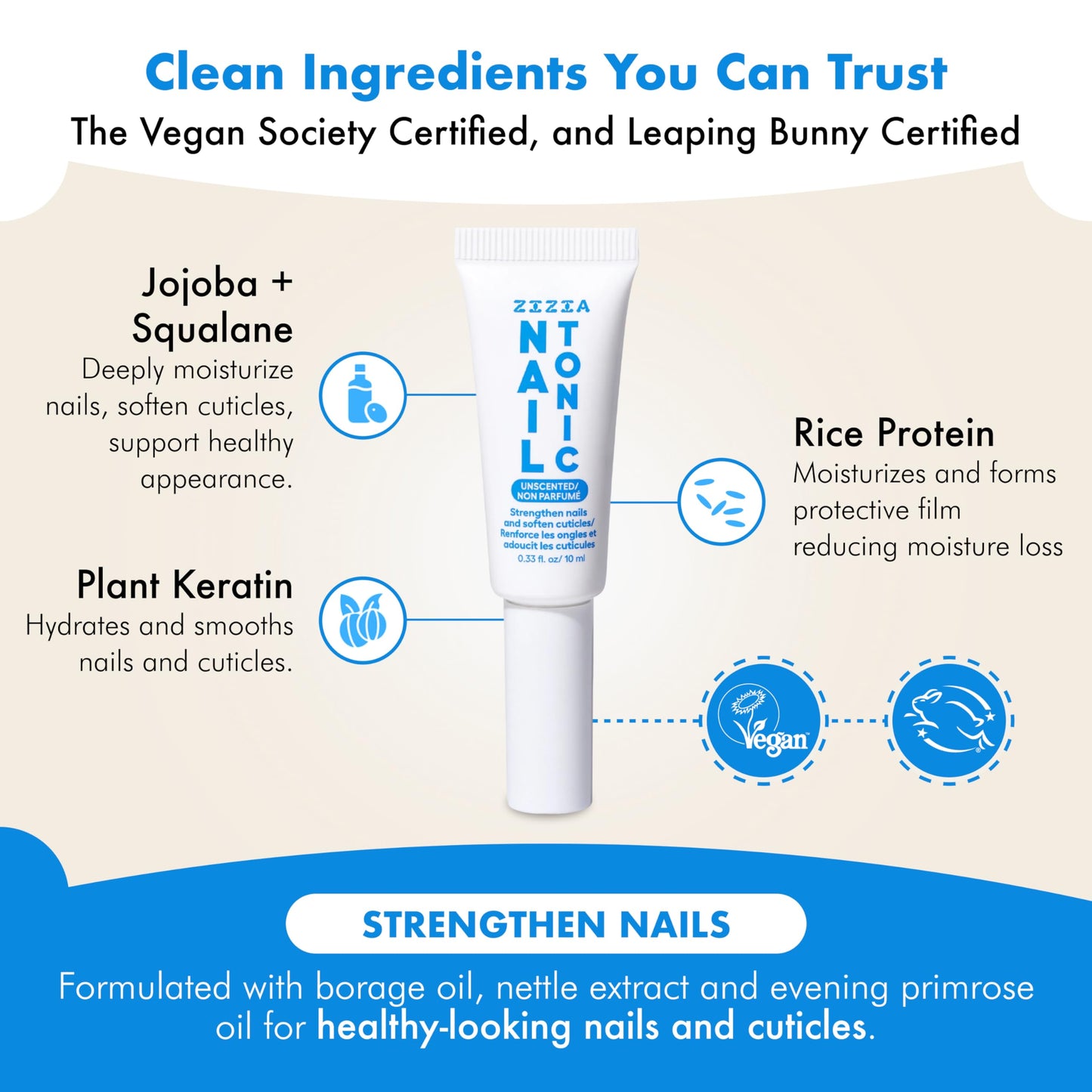 Zizia Unscented Nail Tonic – Nourishing Nail and Cuticle Oil with Squalane, Rice Protein, and Jojoba – Clean, Vegan, Cruelty-Free, Fragrance-Free Formula – Travel Essentials - 0.33 fl oz (10 ml)