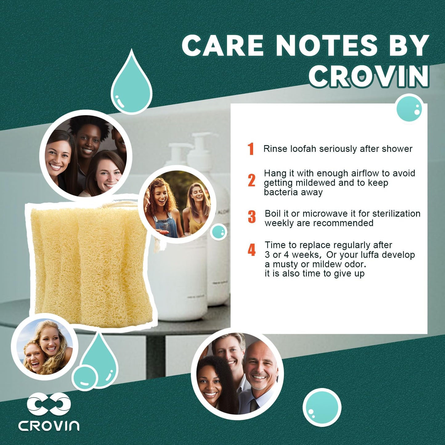 CROVIN Natural Shower Loofah Sponge Body Scrubber Pad that Leaves Your Body a Clean Scrubbed Feeling, Sweeping Dead Skin Cells Effectively as A Skin Exfoliator - 3 Count (1 Pack)