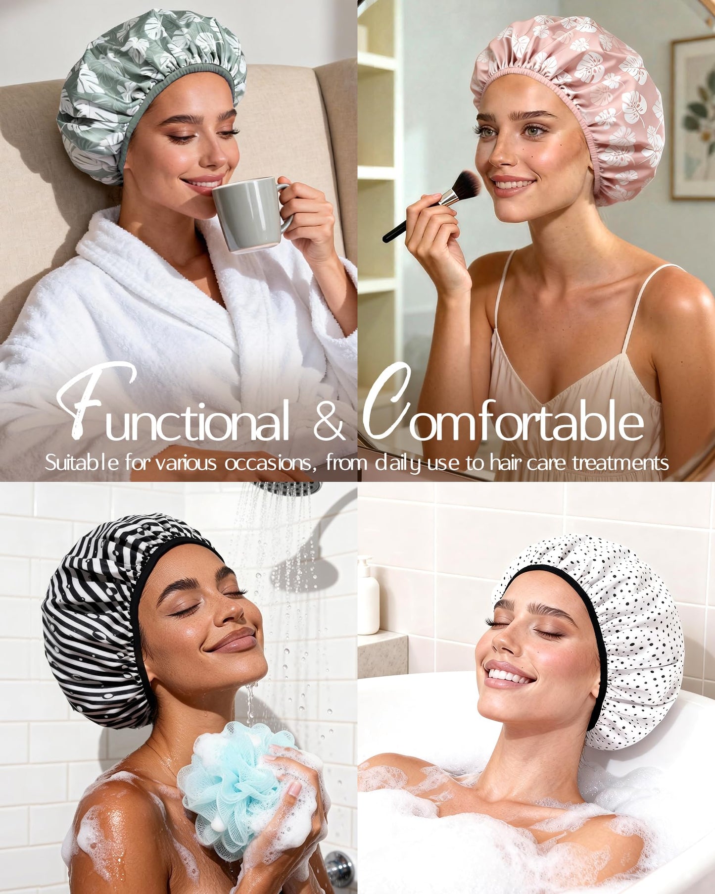 Yanibest Shower Cap for Women - Frizz Free Satin Lined Shower Cap Waterproof Large Double Layer Reusable with Soft Elastic Band for Braids Long Hair