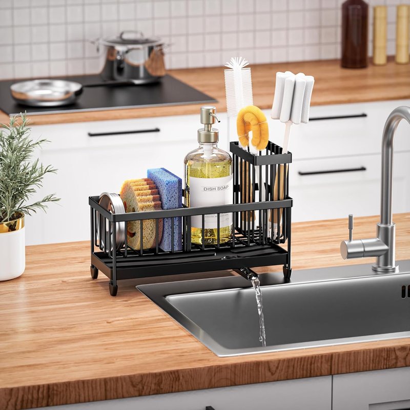 Cisily Kitchen Sink Caddy Organizer - Rustproof 304 Stainless Steel Sponge Holder | Black, 9.25”