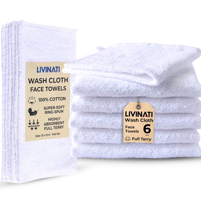 LIVINATI White 100% Cotton Wash Cloths for Showering Body and Face - 12"X12" 6 Pack Washcloths - Small Terry Towel Bath Rags for Adults and Kids Bathroom - Soft Absorbent