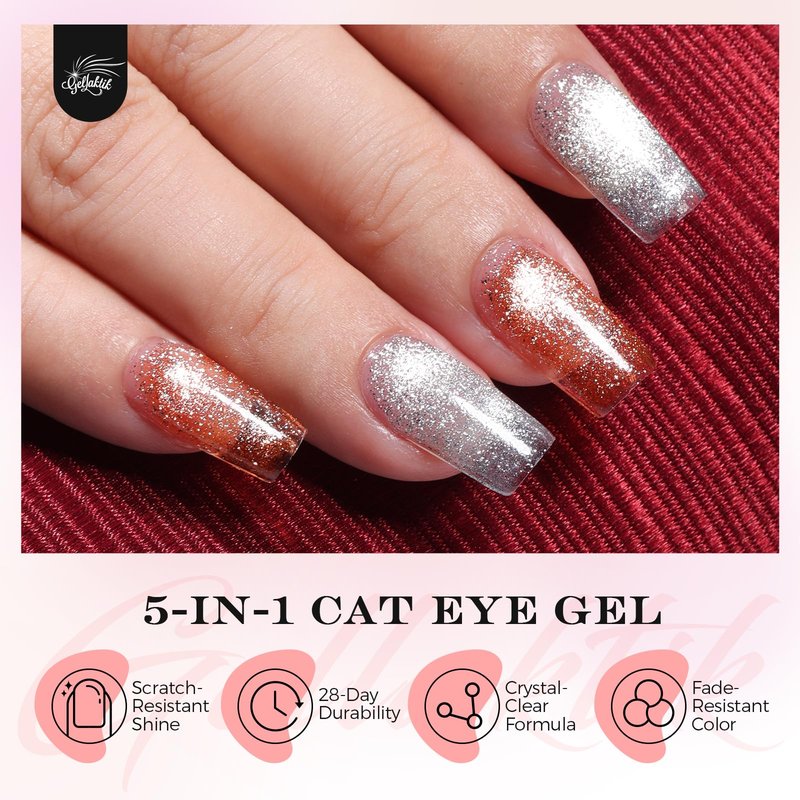 GELLAKTIK 5-in-1 Cat Eye Gel Polish 15ml No Base/Top Coat Needed All-in-One Formula, Beginner-Friendly Magnetic Nail Polish with Magnet Stick, Fast Curing for Home DIY Manicure (Silver)