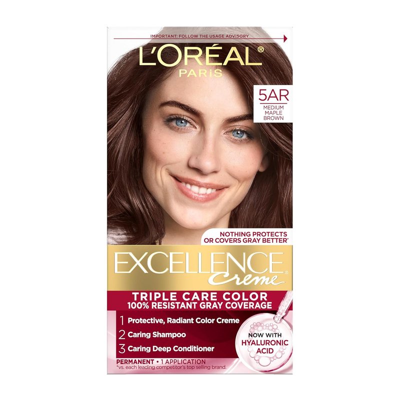 L'Oreal Paris Excellence Crème Hair Dye - Triple Care Formula for 100% Gray Coverage | 5AR Medium Maple Brown, 1 Kit