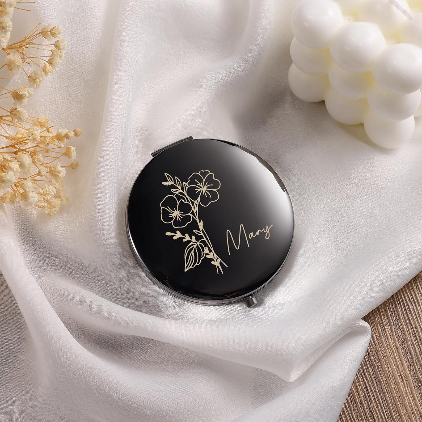 Skiennix Personalized Compact Mirror - Custom Birthflower Travel Makeup Mirror for Women | Black