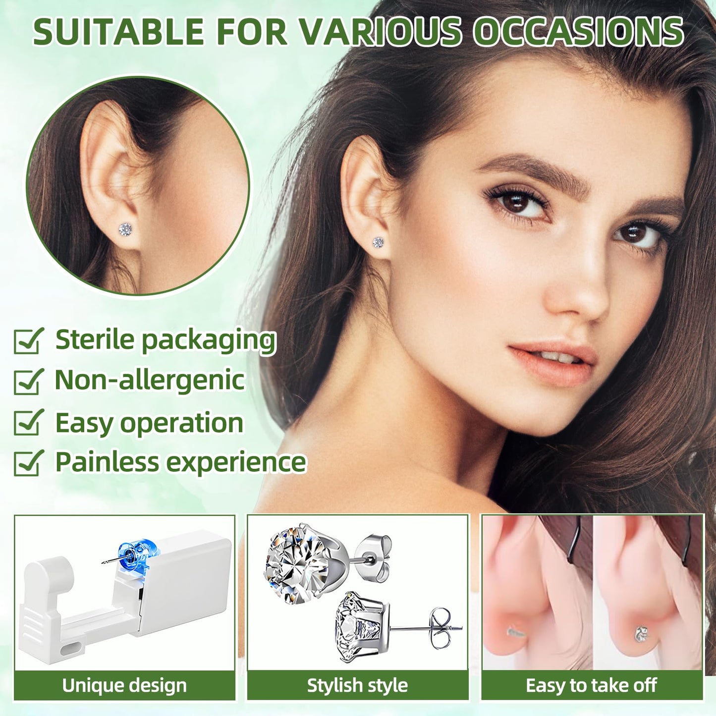 24 Pcs Ear Piercing Kit Disposable Ear Piercing Gun Kit with 8 Pcs Self Piercing Gun and 8 Pcs Earrings Stud 8 Pcs Cleaning Pads, 4mm
