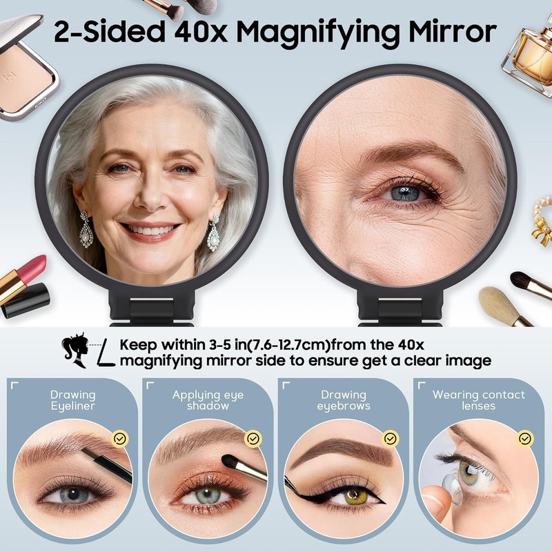 B Beauty Planet 40X Magnifying Hand Mirror - Double-Sided, Portable & Foldable | Ideal for Makeup, Black