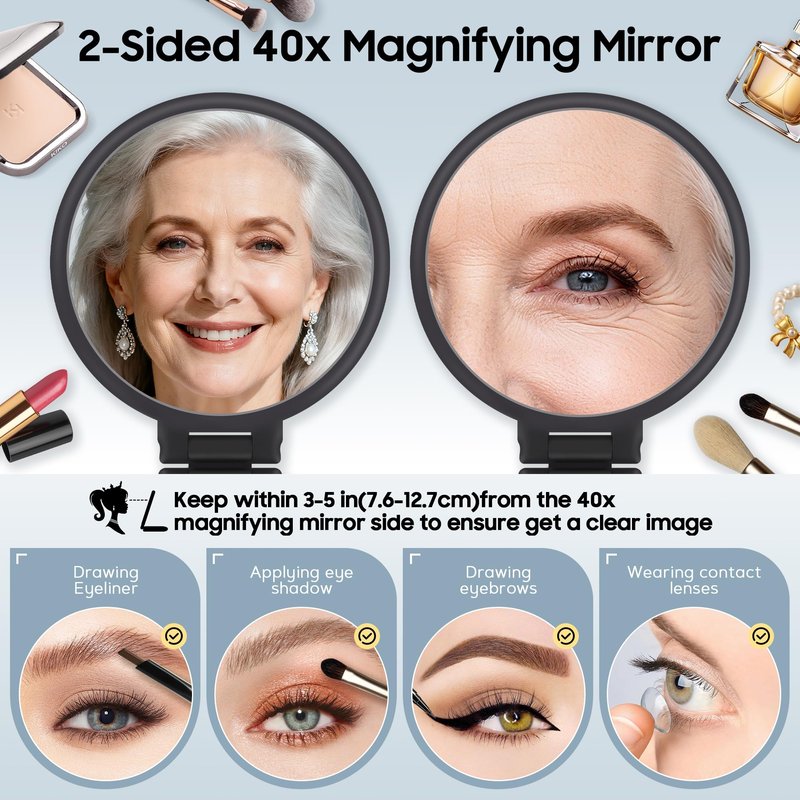 B Beauty Planet 40X Magnifying Mirror, Hand Mirror for Makeup, Double Sided with 40X/1X Magnification, Travel Essential, Portable Foldable for Desktop and Bathroom, Gift for Women, Frosted Black