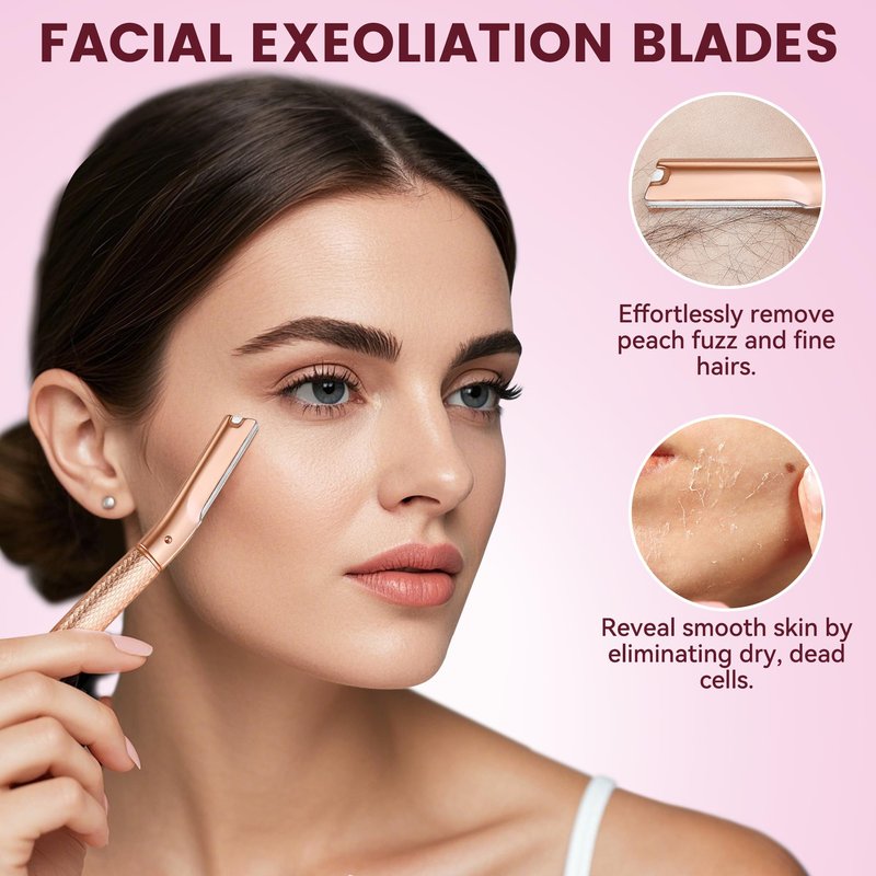Eyebrow Razor-Face Razors for Women-Dermaplaning Tool for Face Exfoliation & Peach Fuzz with 12 Refill Blades-Facial Dermaplane Razors Shaver-Rose Gold