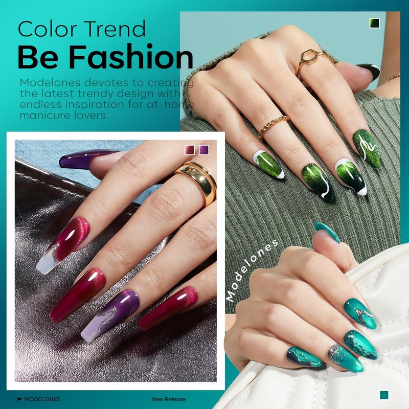 modelones Cat Eye Gel Nail Polish, 6 Colors Glitter Red Green Purple Blue Gel Polish Set with Magnet Sparkle Galaxy Series Nail Gel Polish Kit Soak Off Led Nail Art Manicure Salon DIY Gifts