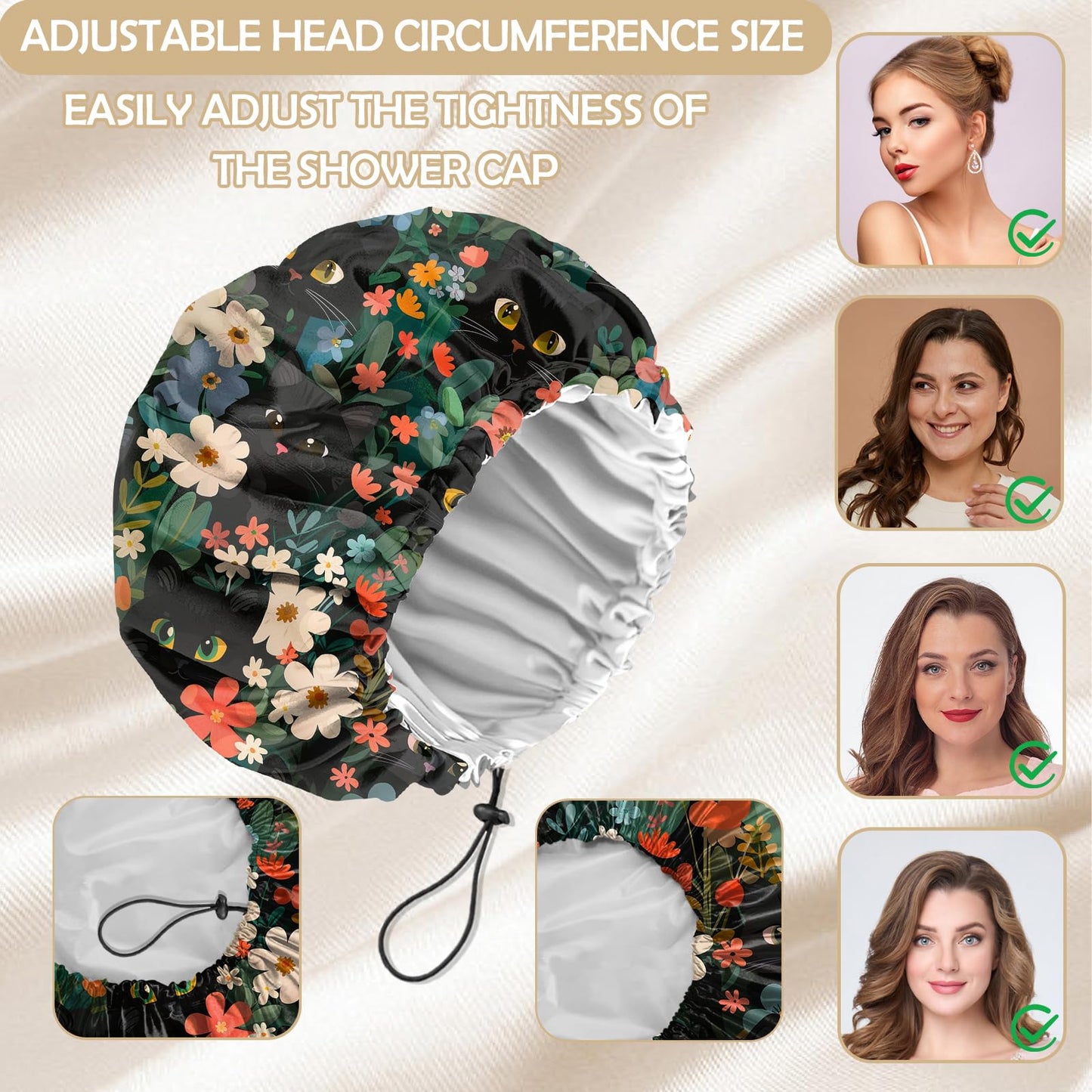 Zewurtuw 2 PCS Shower Cap Adjustable Reusable Double Waterproof Layer Elastic Hair Bath Cap Cute Aesthetic for Women Girls-Mushrooms Cat