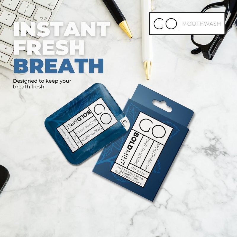 Breath Strips for Bad Breath by Go Mouthwash- Indivivual Packets containing 3 Bold Mint Strips - Alternative to Breath Mints, Travel Mouthwash, Breath Spray, and Other Fresheners - Perfect on the GO