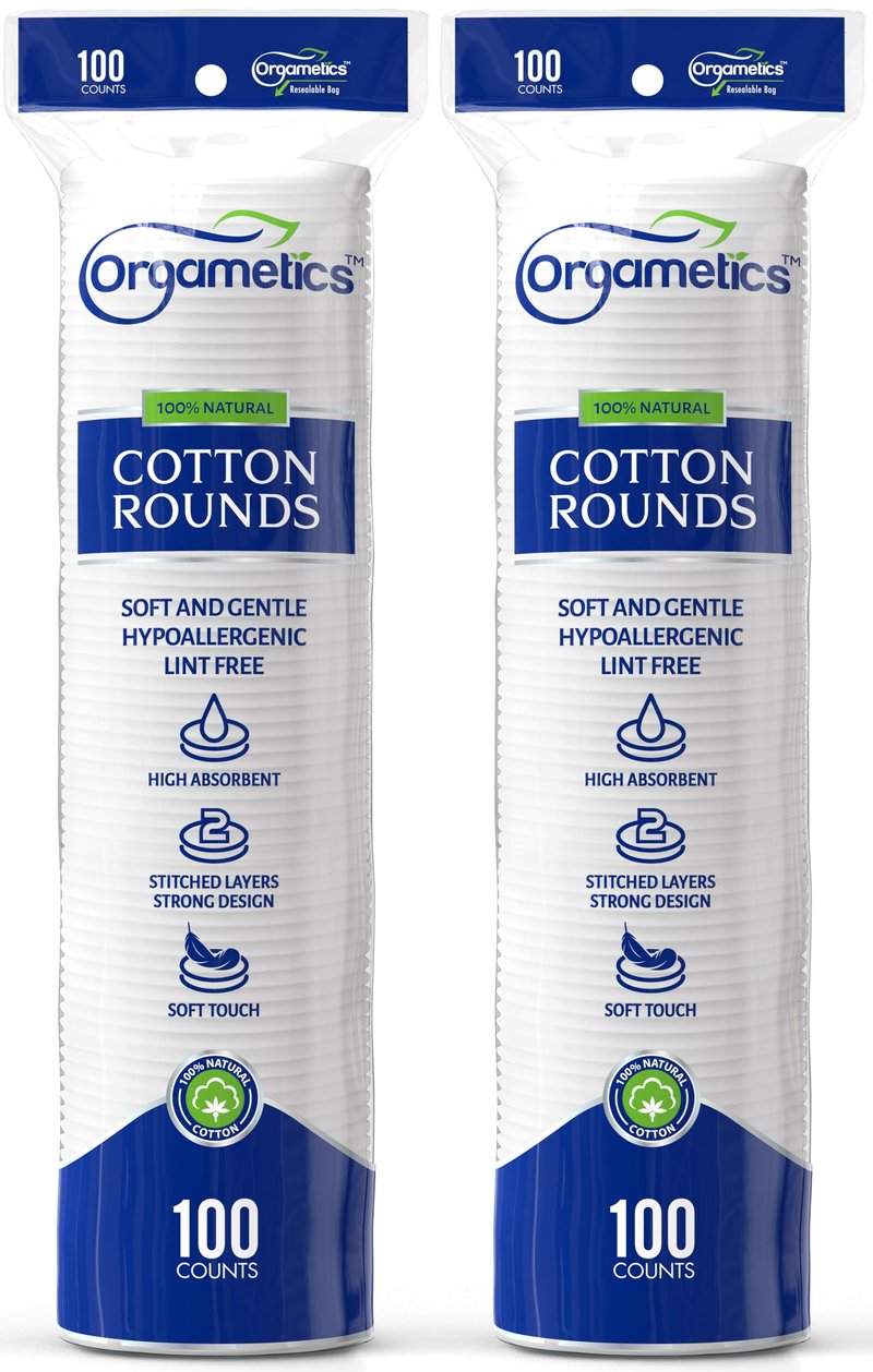 Orgametics Cotton Rounds, 100% Natural Turkish Cotton Premium Makeup Remover and Facial Cleansing Round Pads, Lint Free, Hypoallergenic and Ultra Soft, Luxury Quality (200 Count-Pack of 2)