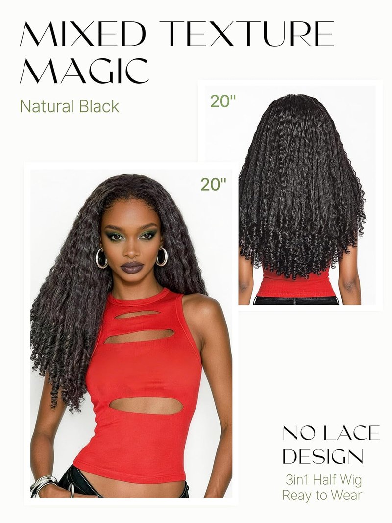 Frodio Kinky Curly Half Wig 20 Inches Veralux Fiber Blend Human Hair 3 in 1 Drawstring 200% Density Glueless Wig with Unique Bouncy Curl in the End, Natural Black Ready to Go Headband Wig for Women