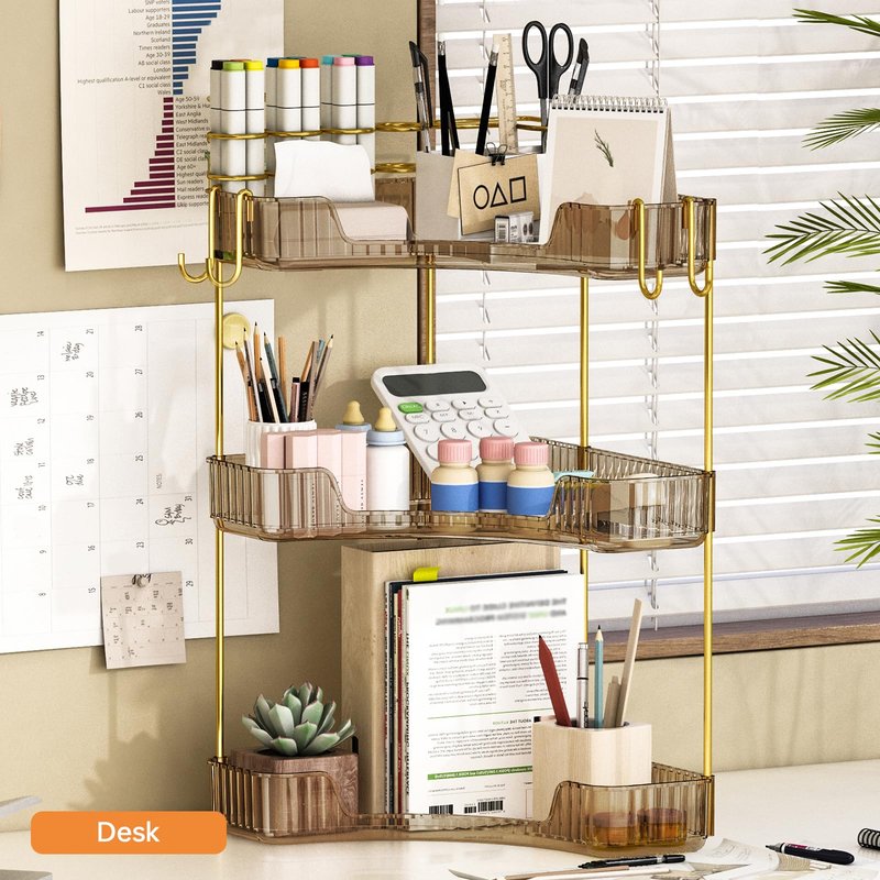 Greenby 3-Tier Corner Bathroom Counter Organizer，Makeup & Skincare Shelf with Built-in Brush Holder，Space-Saving Bathroom Countertop Organizer for Skincare, Perfume, Cosmetics(Amber)