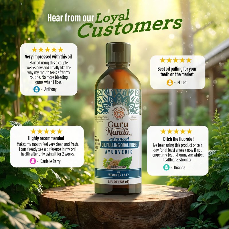 GuruNanda Advanced Oil Pulling Mouthwash for Enhanced Oral Care with Sesame & Oregano Oil, Promotes Deep Cleaning for Healthy Teeth & Gums, with Toothbrush and Tongue Scraper, Alcohol-Free, 8 Oz