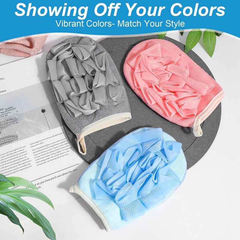 Oqqlin 18 Pcs Travel Bath Loofah, Terry Cloth Exfoliating Shower Loofah Portable Body Sponge Brushes with Elastic Strap for Women and Men (Gray, Blue, Pink)