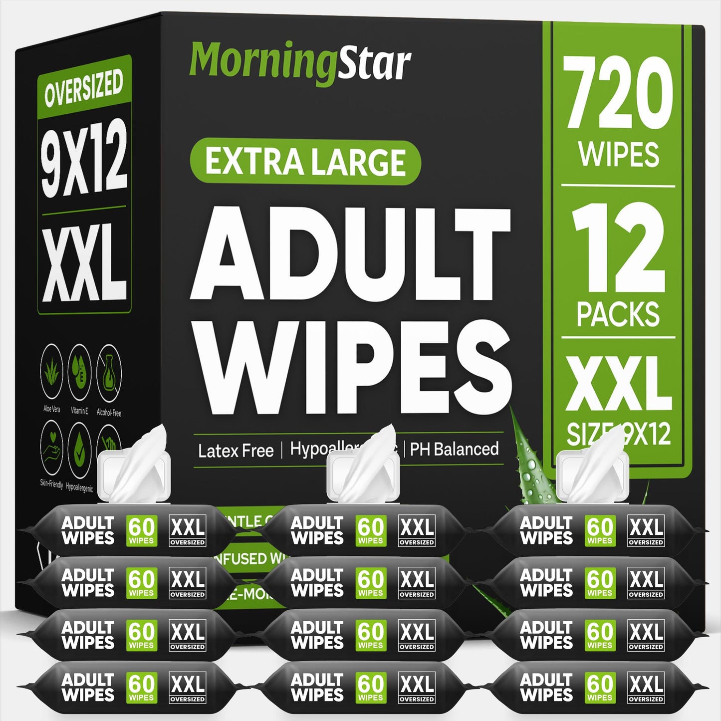 Adult Wipes for Elderly - 720 Wipes 12 Packs Thick Extra Large Disposable Washcloths for Adult Bathing & Shower Alternative No-Rinse - Lightly Scented XXL