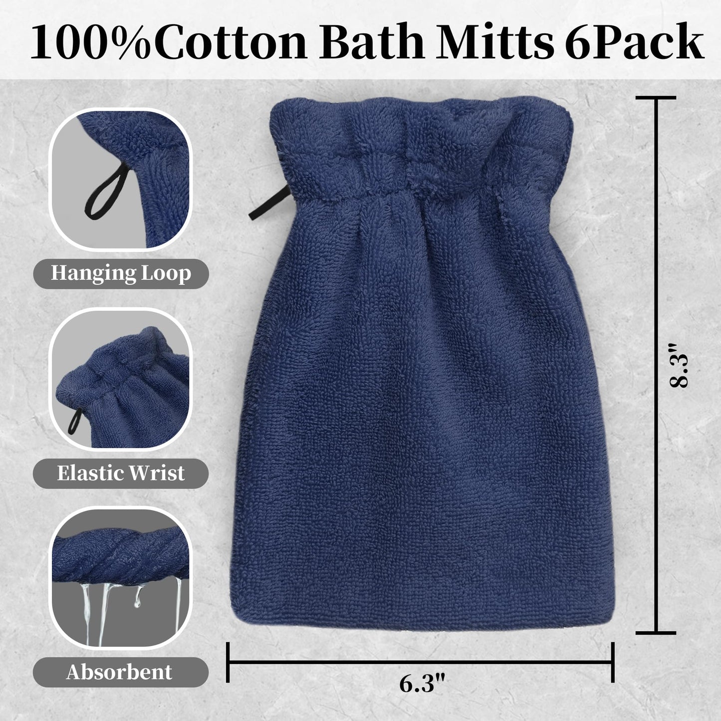 VOOVA & MOVAS 6-Pack Bath Mitts for Shower, 100% Cotton Soft Absorbent Wash Cloths with Hanging Loop, 8.3x6.3 Inch European Style Bathing Gloves for Body & Spa, Navy