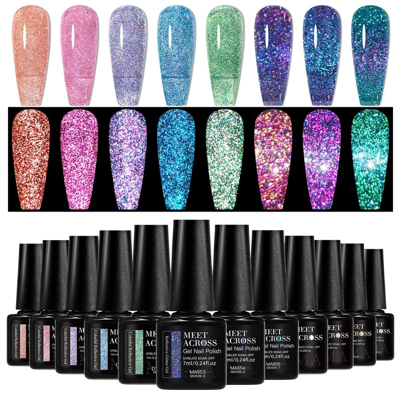 MEET ACROSS 12PCS Gel Nail Polish Set Glitter Gel Polish Pink Blue Purple Green Nail Polish Kit Soak Off Uv/Led Nail Gel DIY Manicure Gift for Her 8 Colors