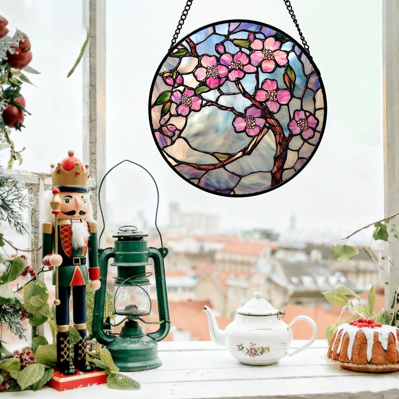 QZQCBLC Stained Glass Window Hanging Pink Flowers 7.8" - Green Leaves Suncatcher Door Garden Sun Catcher Home Decor Birthday Christmas for Mom Men Woman Friends Nana Wife