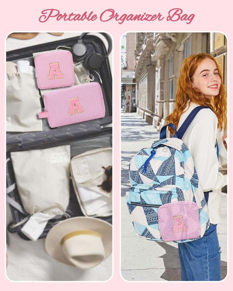 MONSTINA Preppy Chenille Makeup Bag|Personalized Initial Bags with Zipper,Cute Makeup Pouch Stripe Cosmetic Bag,Birthday Gift for Daughter|Preppy Things for Girls,2PCS Pink Q