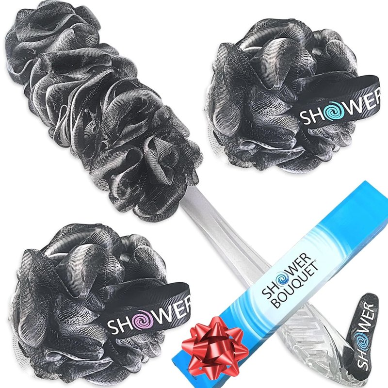 Loofah Charcoal Back Scrubber & Bath Sponge Set - 1 Long Handle Brush + 2 Extra Large 75g Soft Mesh Puffs | Unisex Exfoliating Tool