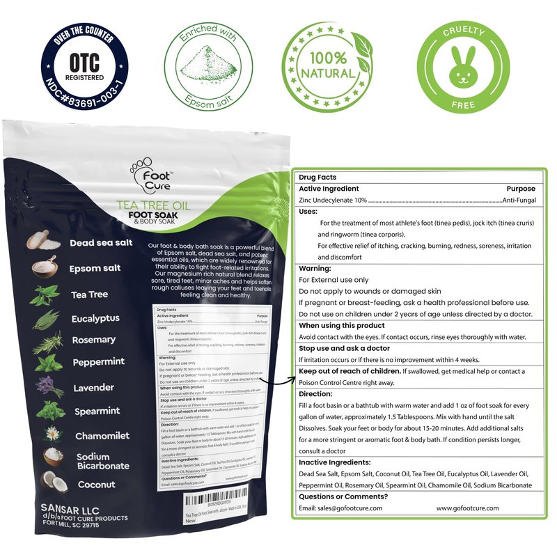 FOOT CURE Tea Tree Oil Foot Soak with Epsom Salts- for Foot Pain, Soreness, Athletes Foot, Odors, Toe Nail Fungus, Fungal, Calluses (Pack of 4)