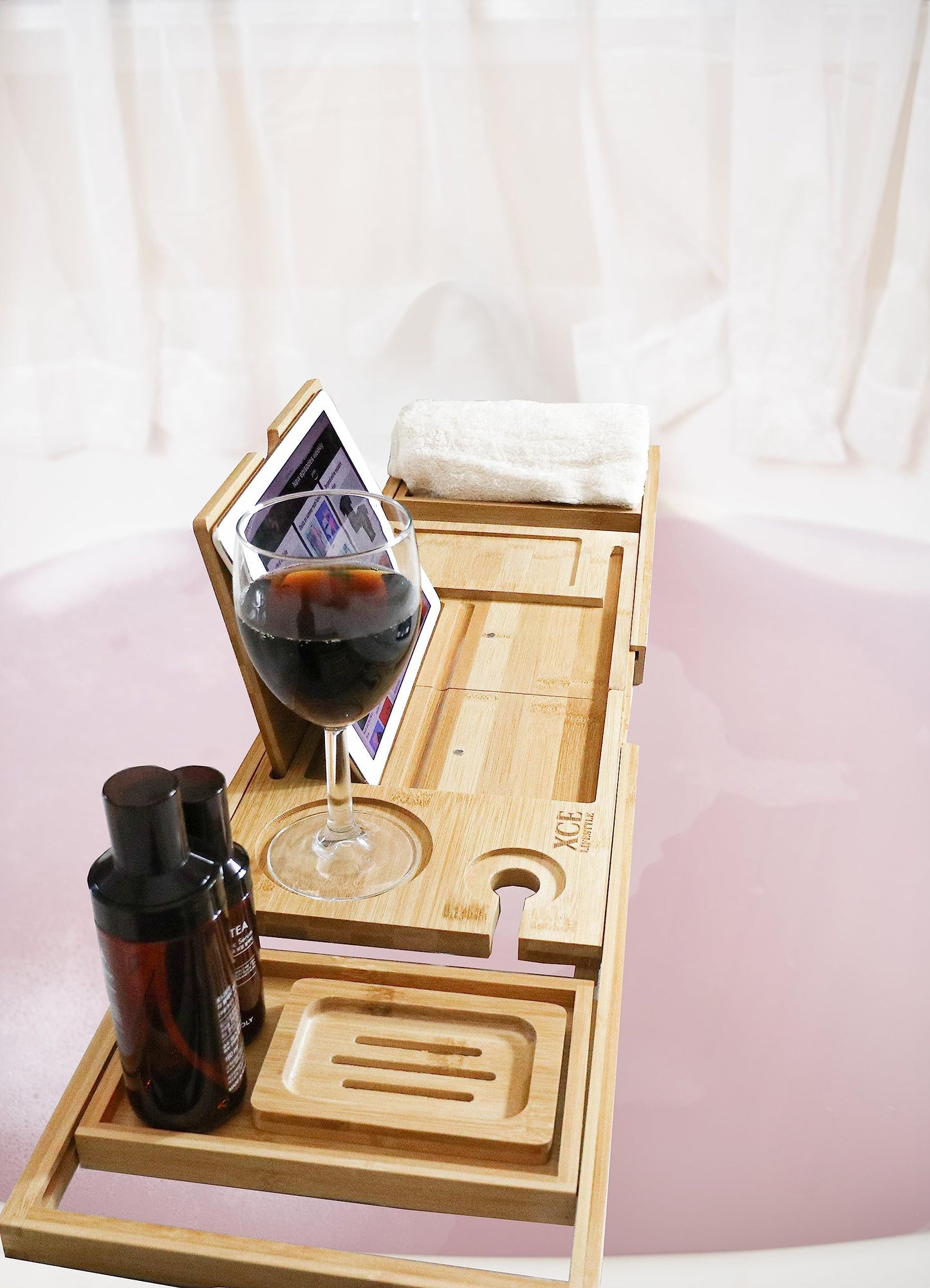 XcE Foldable Acacia Wood Bathtub Caddy Tray - Expandable to 40 Inches with Non-Slip Pads for Couples Luxury Bath