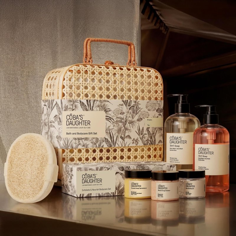 COBA’S DAUGHTER Luxury Spa Gift Set - Bath & Body Set with Rattan Case, Body Wash, Bubble Bath & Scrub – Premium Holiday, Birthday, housewarming, bridal shower & Self-Care Gift