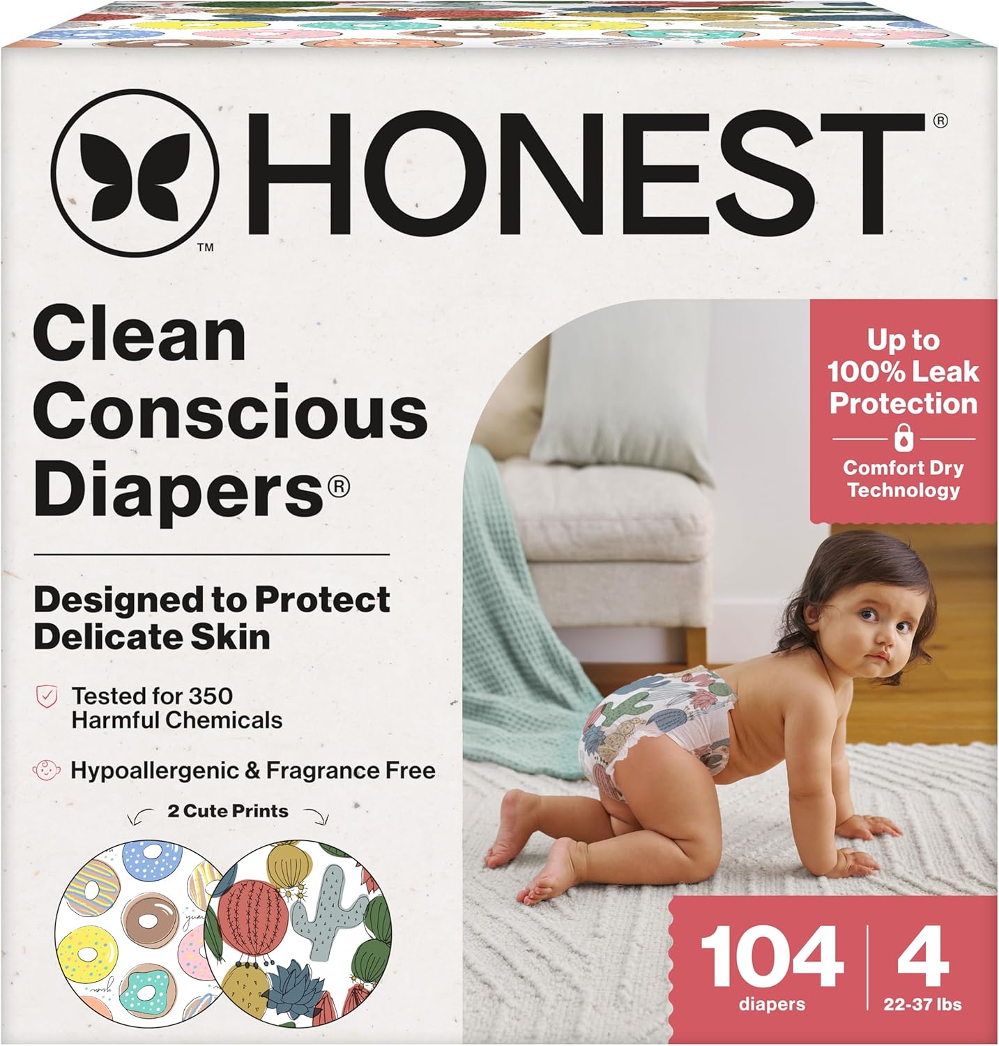 The Honest Company Comfort Dry Disposable Diapers - Hypoallergenic & Fragrance-Free | Size 4 (22-37 lbs), 104 Count