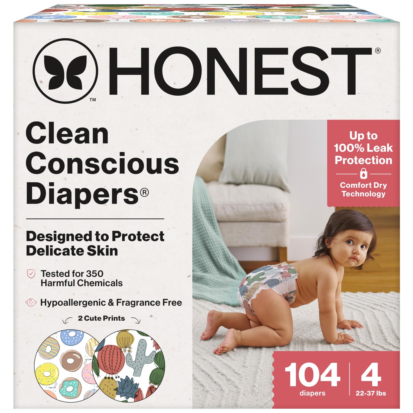 The Honest Company Comfort Dry Disposable Daytime Diapers for Sensitive Skin, Hypoallergenic, Fragrance-Free, Donut Grow Up + Cactus Cuties, Super Club Box, Size 4 (22-37 lbs), 104 Count