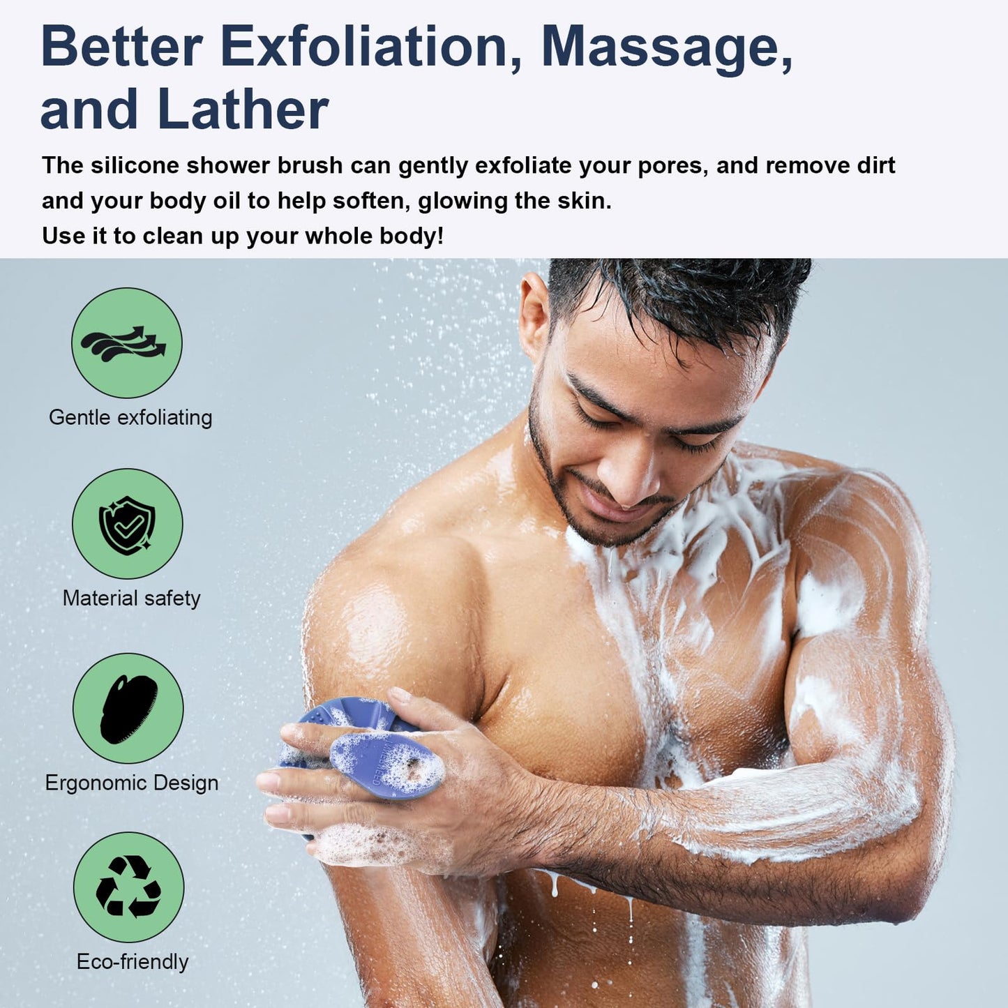 INNERNEED® More Hygienic Silicone Body Scrubber Exfoliating & Massaging Shower Brush, Bathing Tool, for All Skin Types, Lathers Well, Longer Service Life (Dark Blue)