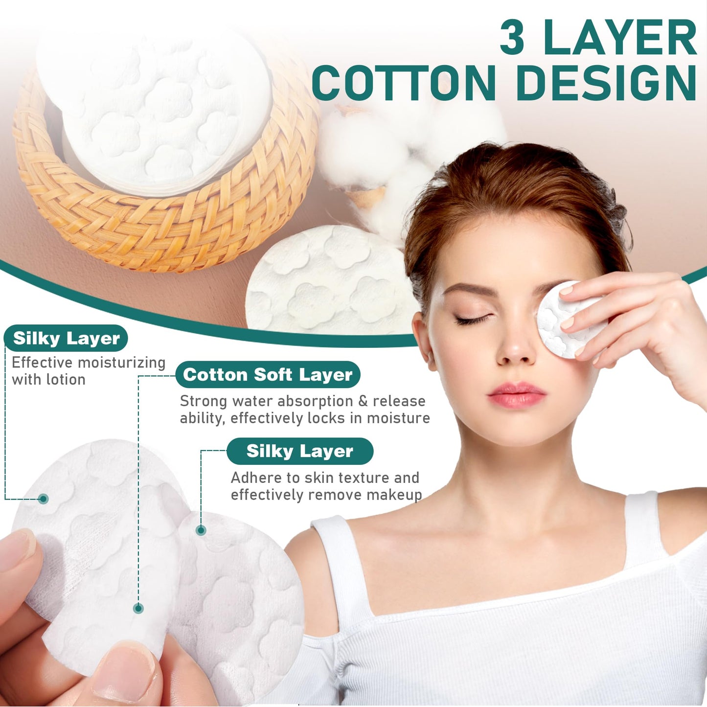 ZPCO Premium Cotton Rounds for Face, 300 Count Makeup Remover Pads,100% Pure & Natural Facial Cleansing Round Pads for Makeup Removal, Nail Polish Remover