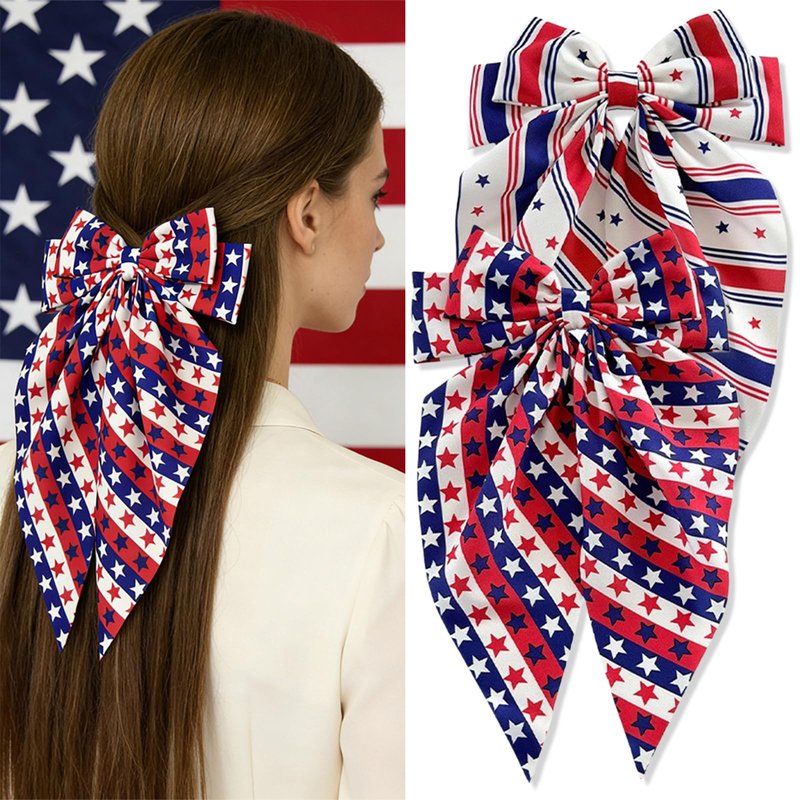4th of July Hair Clips for Women 2 Pcs Red White Blue Star Stripes USA Flag Big Bows Oversized Long Tail Design with Non-Slip Alligator Clips Patriotic Independence Day Memorial Day Accessories Gifts