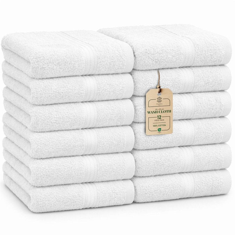 HomeBurg Luxe 12-Piece Washcloth Set - 100% Cotton, Soft & Absorbent, Easy Care, Premium Towels for Face & Daily Use, 12 x 12 in (White)