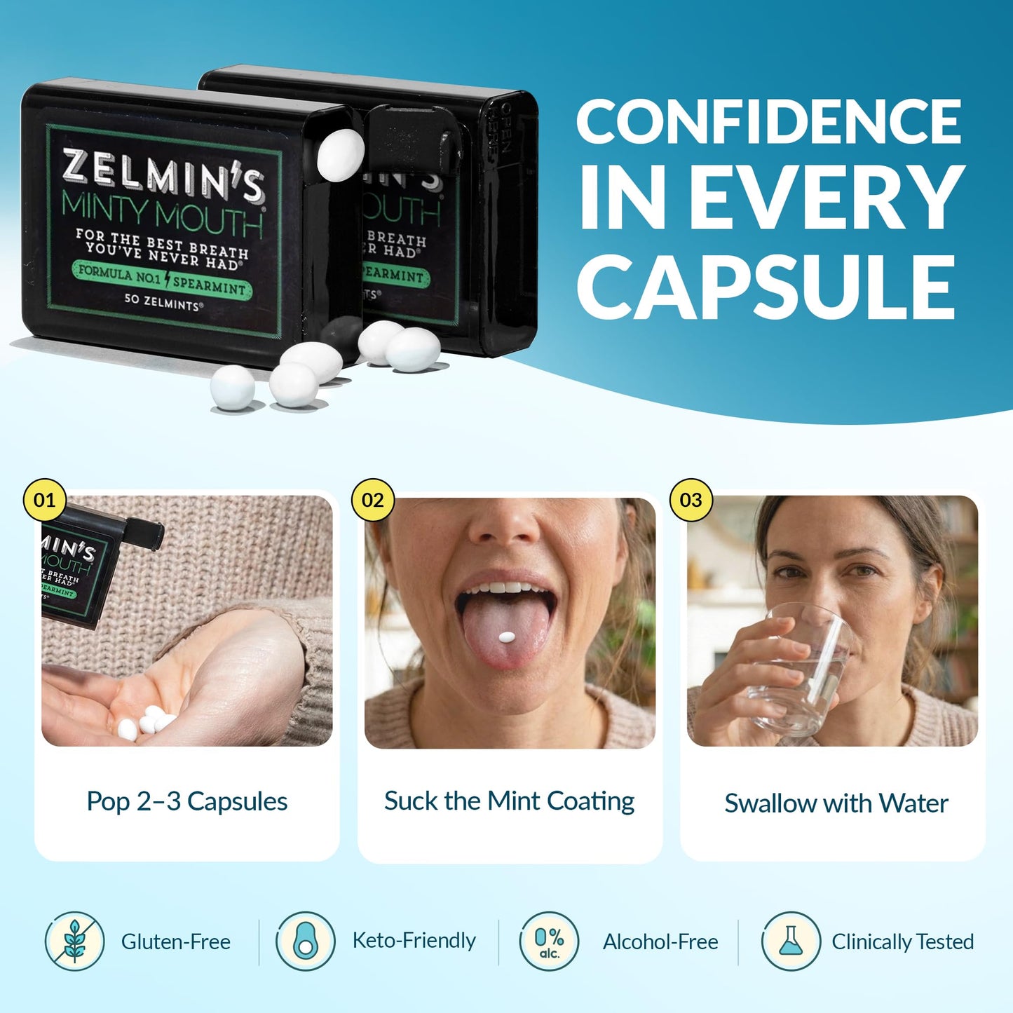 Zelmin's Minty Mouth Breath Freshener - (3 Pack) Long Lasting Bad Breath Treatment for Adults, Instant Freshness Helps with Dry Mouth, Natural Breath Mints for Travel, Alcohol-Free, Keto, Gluten-Free